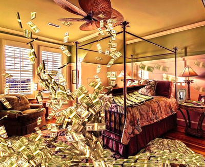 money falling on bed
